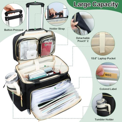 SIYNPAV 5-Wheeled Rolling Teacher Bag with Detachable Trolley, 15.6 Inch Laptop Sleeve & Accordion File Organizer, Large Capacity Teacher Tote with Cup Holder for School Office, Black