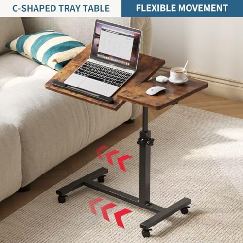 Adjustable Overbed Table with Wheels, Versatile Bedside Laptop Desk with 180° Flip Top, Height Adjustable Rolling Side Table for Bed, Sofa, or Recliner, Brown - color: Rustic Brown