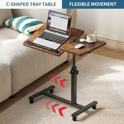 Adjustable Overbed Table with Wheels, Versatile Bedside Laptop Desk with 180° Flip Top, Height Adjustable Rolling Side Table for Bed, Sofa, or Recliner, Brown - color: Rustic Brown
