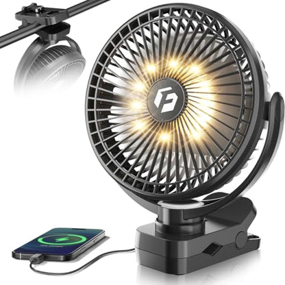 40000mAh Clip on Fan, 2-in-1 Portable Rechargeable Fan - 8 Inch USB Battery Operated Fans with Light & Screw-Clamp for Golf Cart, Desk, Tent, Travel, Gym, Treadmill, Summer Gifts, Black