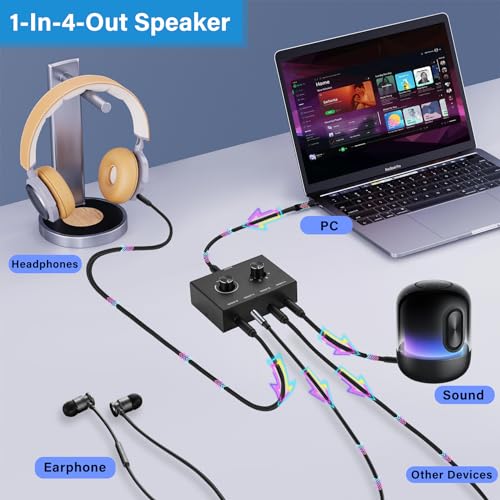 4 Way 3.5mm Stereo Audio Switch, AUX 3.5mm Audio Switch Audio Switcher Passive Speaker Headphone Manual Selector Splitter Box Audio Sharing (4/1 in -1/4 Out) - size: 4 Port