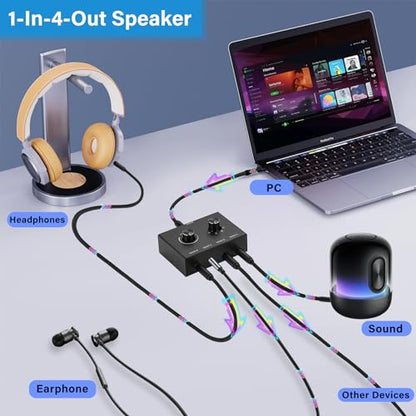 4 Way 3.5mm Stereo Audio Switch, AUX 3.5mm Audio Switch Audio Switcher Passive Speaker Headphone Manual Selector Splitter Box Audio Sharing (4/1 in -1/4 Out) - size: 4 Port