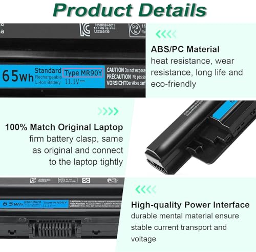 65WH MR90Y Battery for Dell Inspiron 17 5000 Series 15 3521 3543 3421 3542 | 3537 5721 5537 i3531 17-3721 17-5748 17-5749 15-3878 m531r-5535 m731r-5735 Latitude14 3000 3540 Series XCMRD P40F - size: 10.7*2*0.8inch