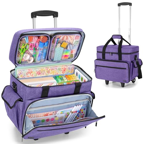 Teamoy Rolling Scrapbook Tote, Craft Bag with Detachable Wheels, Purple | Scrapbook Storage Bag with Bottom Wooden Pad, 2 detachable zipper pouches, Shoulder Straps for Paper, Ablum - color: Purple