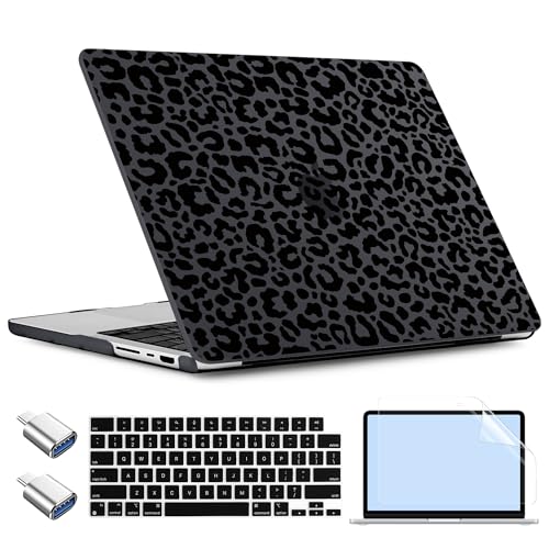 TWOLSKOO Compatible with MacBook Pro 14 inch Case M5 2026 2025-2021 Release M4 M3 M2 M1 Pro/Max Chip, Plastic Hard Shell & Keyboard Cover & USB C to USB Adapter & Screen Film, Black Leopard - color: Black Leopard