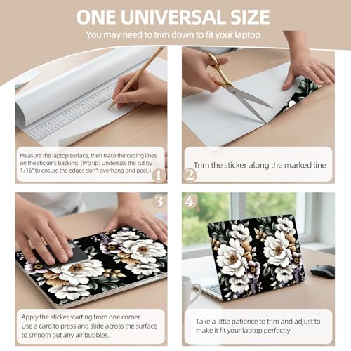 Universal Laptop Skin Sticker for 12/13/14/15.6 Inch Laptops, Reusable Vinyl Laptop Decal Cover, Waterproof Scratch Resistant Notebook Skin with 2 Wrist Pads,Watercolor White Roses - color: Watercolor White Roses