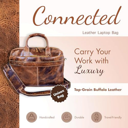 DEBKIN CONNECTED Leather Briefcase 18 inch Laptop Messenger Bag for Men and Women - Best Office Satchel Bag - Top Grain Buffalo Leather Messenger Bag for Men & Women
