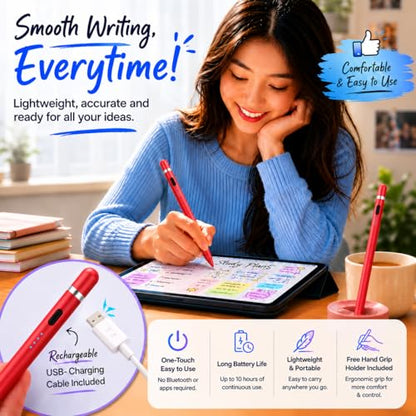 Stylus Pen Pencil 1st Generation Gen Replacement for Apple iPad Pro 1st Gen, iPad 1/2/3/4/5, iPad Mini 1/2/3/4, iPad Air 1/2, Android Tablets, Capacitive Touch Screen + Free Silicone Grip Holder (Red) - color: Red