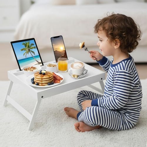 Bed Table Trays for Eating, Bamboo Breakfast Food Tray Table with Media Slot for Bed and Snack, Laptops, Sofa(White, Medium) - color: White
