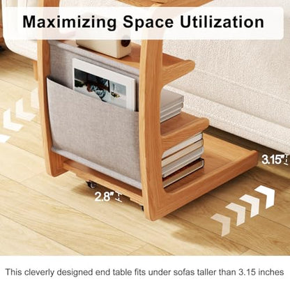 AQIMUELE Rolling Side Table, C Shaped End Table, C Table with 4 Wheels Solid Wood Small Rolling Desk with Adjustable Desktop,C Shaped End Table for Couch,Home Office(15.6" D x 23.6" W x 24.3" H) - color: Natural, size: 15.6"D x 23.6"W x 24.8"H, style: Mod