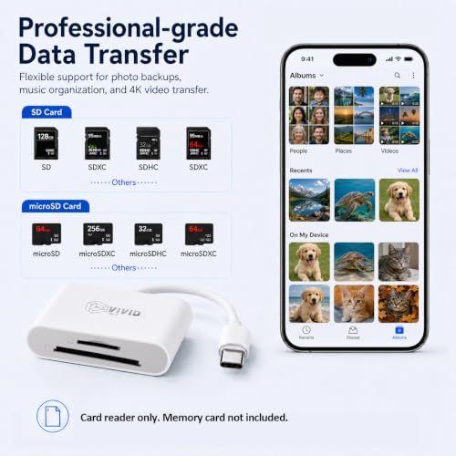 SD Card Reader for iPhone17/16/15 Pro Max/iPad/MacBook, Android Phones | USB C, Support SD, Micro SD & TF Card, Plug and Play, No App Driver Required, USB C SD Cards Reader for Camera Viewer - color: White