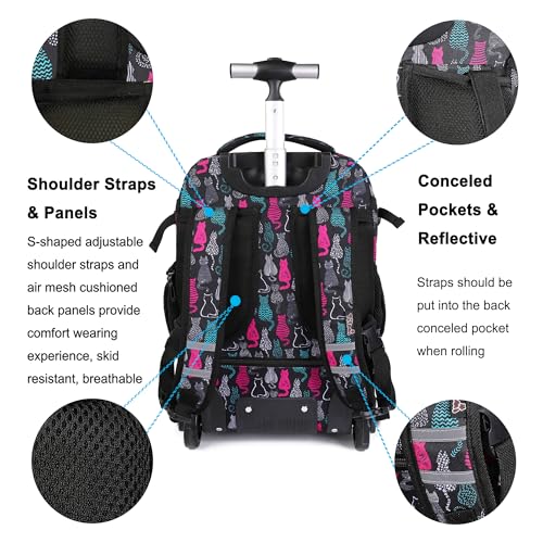 Tilami Rolling Backpack 19 inch with Lunchbox Wheeled Laptop Backpack, Cat Black - color: Cat Black