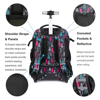 Tilami Rolling Backpack 19 inch with Lunchbox Wheeled Laptop Backpack, Cat Black - color: Cat Black