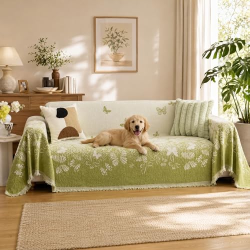 Oversized Chenille Couch Cover Green Butterfly Reversible Sofa Slipcover with Tassel, Heavyweight Sectional Furniture Protector Blanket for Large Dogs, Washable Throw for 3 4 Seat - color: Green Butterfly, size: 71"x 165"