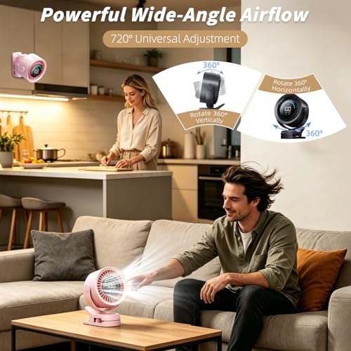 Portable Clip on Fan, Rechargeable USB Desk Fan with Turbo Airflow, 100 Speeds LED Display, 360° Rotation, Small Quiet Battery Powered Fan for Stroller Outdoor Travel Camping Golf Cart, Pink - color: Pink
