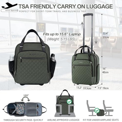 EMPSIGN Underseat Carry On Wheeled - 16" Carry on Bag with Wheels Multi-functional Lightweight Rolling Bag Overnight Weekender Small Suitcase for Women Men Travel Business, Army Green - color: Army Green