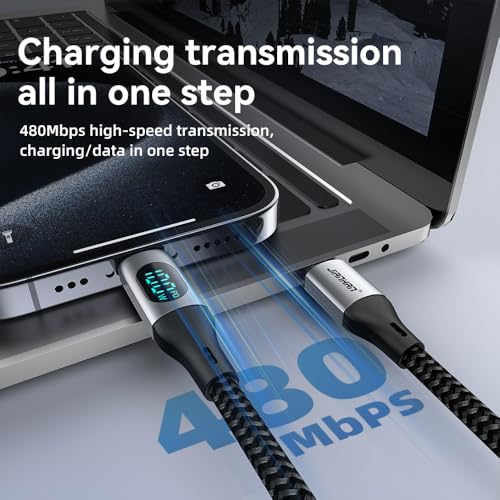 USB C to USB C Cable 100W with Real Time LED Display PD Fast Charging USB C Cable Braided 6.6ft for iPhone 16/15/15 Pro/15 Plus/15 Pro Max,iPad Air Pro,MacBook Pro,Galaxy S24/S24+/S23 (Grey)
