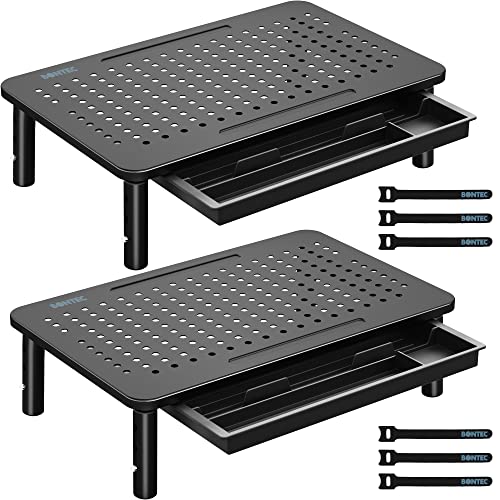 BONTEC 2 Pack Adjustable Monitor Stand Riser with Drawer, Ergonomic Mesh Platform Computer Monitor Stand for Desk, Ventilated Laptop and PC Stand with Cable Management, Supports up to 44lbs - color: With Drawer - Black, size: 2 Pack