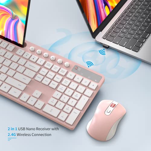 Wireless Keyboard and Mouse Combo, MARVO 2.4G Ergonomic Wireless Computer Keyboard with Phone Tablet Holder, Silent Mouse with 6 Button, Compatible with MacBook, Windows (Pink) - color: Pink