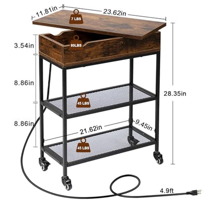 Hadulcet Narrow End Table with Charging Station & Rotating Top, Couch Snack Tables, Swivel Table for Recliner Living Room & Bedroom, Rolling Slim Side Table on Wheels, Skinny Nightstand, Rustic Brown - color: Rustic Brown