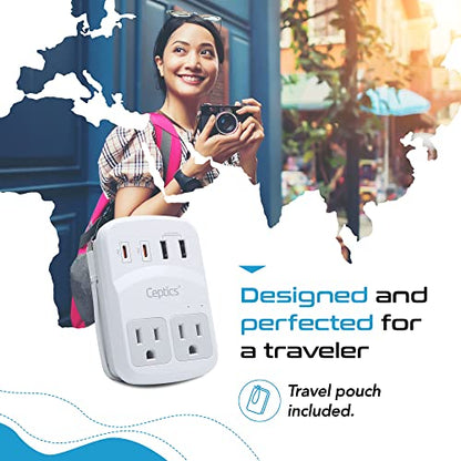 Ceptics World Travel Adapter Kit 2 USB-A, USB-C US Outlets, 20W/QC 18W Power Delivery, Surge Protection, SWADAPT Compatible for Europe, UK, China, Australia, Japan Perfect Laptop (WPS-5B) - color: white