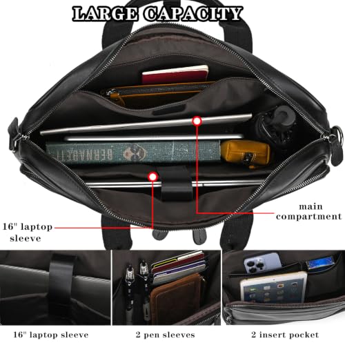 Leather Laptop Bag for Men Briefcase Fits 15.6 Inch Notebook Portable Shoulder Messenger Crossbody Bag for Travel Office - color: Black