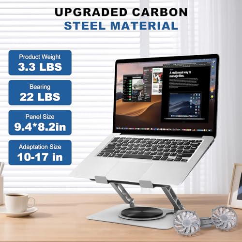 Laptop Cooling Stand with 2 Detachable Fans, 360° Rotating Adjustable Laptop Stand, Carbon Steel Ergonomic Laptop Riser, Anti-Slip Base for 10-17.3" Notebook MacBook, Office Home Gaming - color: Silver