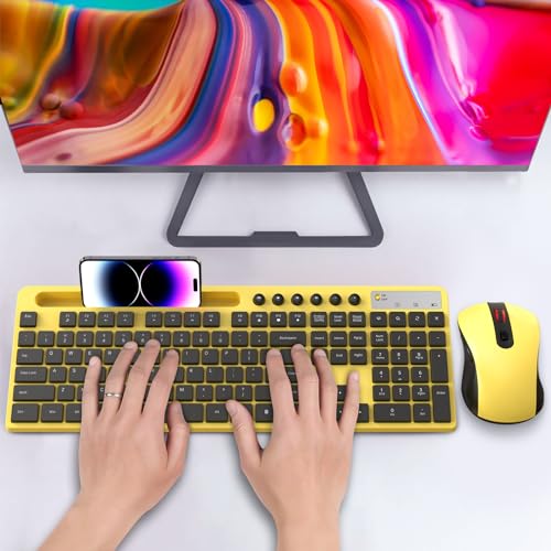 Wireless Keyboard and Mouse Combo, MARVO 2.4G Ergonomic Wireless Computer Keyboard with Phone Tablet Holder, Silent Mouse with 6 Button, Compatible with MacBook, Windows (Yellow) - color: Yellow