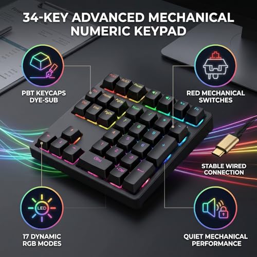 Zunate Mechanical Number Pad 34 Keys USB Wired Numpad, RGB Backlit PBT Keycaps Red Switch Numeric Keypad with Shortcut Keys for Laptop Desktop PC Data Entry Work