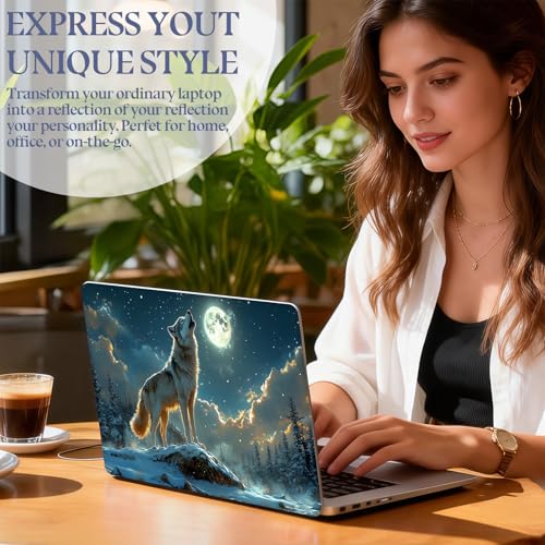 Universal Laptop Skin Sticker Decal,15.6 Inch Laptop Vinyl Cover for 13" 14" 15.6" Laptop,Scratch-Resistant Waterproof Protector Wrap,Reusable with Wrist Pads,Moon Wolf Snow Howl - color: Moon Wolf Snow Howl