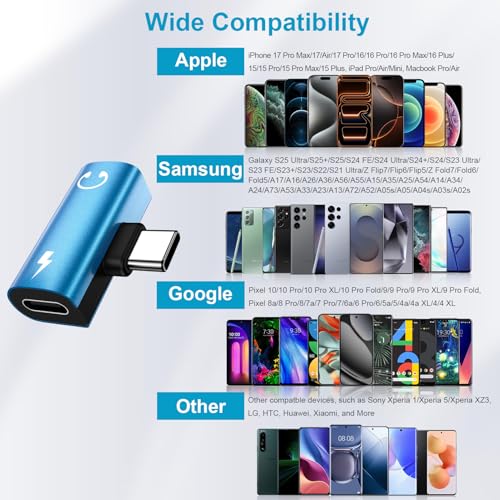 USB C to 3.5mm Headphone and Charger Adapter,2in1 USB C to Aux Jack Adapter | Audio Adapter with PD 60W Fast Charging Dongle Cable Convertor for Samsung Galaxy S26 Ultra/S25 FE/A17/A16/Z Flip7 iPhone 17 - color: blue