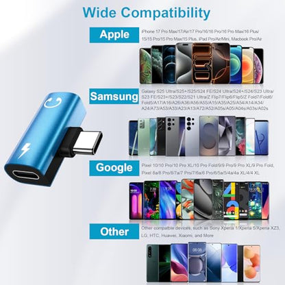 USB C to 3.5mm Headphone and Charger Adapter,2in1 USB C to Aux Jack Adapter | Audio Adapter with PD 60W Fast Charging Dongle Cable Convertor for Samsung Galaxy S26 Ultra/S25 FE/A17/A16/Z Flip7 iPhone 17 - color: blue