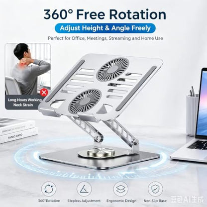 Aluminum Rotatable Laptop Stand | Dual Cooling Fans, Height Adjustable - color: Silver