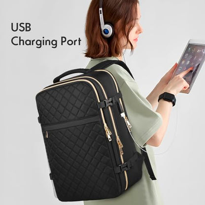 Large Travel Backpack Women, Flight Approved Carry On Backpack, Water Resistant Anti-Theft Casual Daypack School Bag Fit 17 Inch Laptop with USB Charging Port, Black - color: Black, size: 17.3 inch
