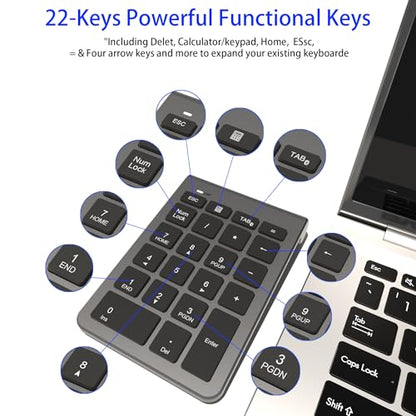Bluetooth Number Pad, Wireless Numeric Keypad with 22 Keys - Portable Numpad for Laptop/Desktop/MacBook/Surface Pro/Windows/Android/iOS - Quiet Keys 33ft Range & Ergonomic Design