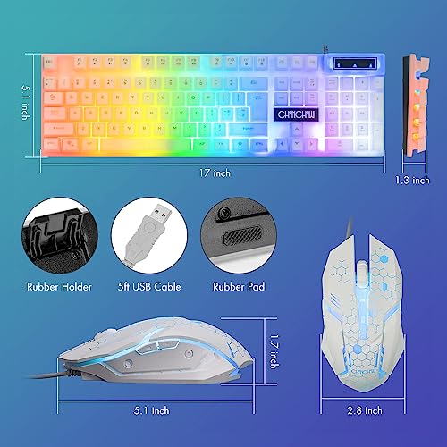 CHONCHOW LED Keyboard and Mouse, 104 Keys Rainbow Backlit Keyboard and 7 Color RGB Mouse, White Gaming Keyboard and Mouse Combo for PC Laptop Xbox PS4 Gamers and Work - color: White