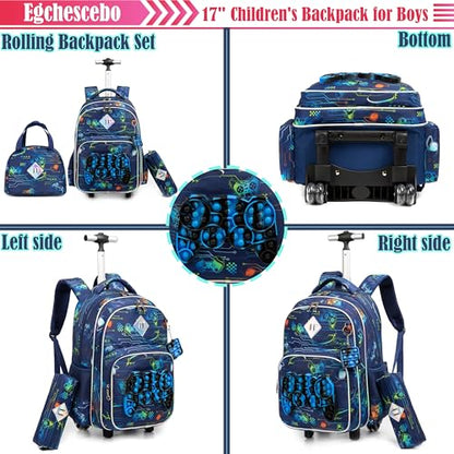 Kids Rolling Gamepad Backpack for Boys Luggage Suitcase With Wheels Trolley Wheeled POP Roller Backpacks for Elementary Travel School Bags 17" 3PCS Toy Backpack With Lunch Box Blue - color: 041123-yoxishoubing