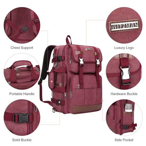 WITZMAN Canvas Travel Backpack for Women Large Laptop Backpack Fits 16 Inch | Expandable 32L to 42L, Carry-on Airline Approved Convertible Shoulder Rucksack, For Vacation, Overnight Trip, A6617 Red - color: Red