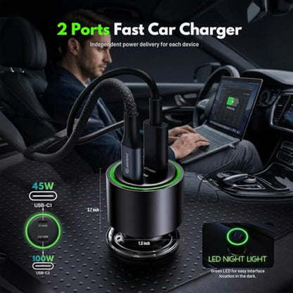 Esoulk145W USB C Car Charger Dual Port Cigarette Lighter Phone Charger | 145W fast dual USB-C car charger, includes 6ft 100W braided USB-C cable, charges 2 phones, tablets, or laptops.