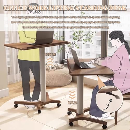 Height Adjustable Standing Desk, Mobile Lifting Workstation, Ergonomic Laptop Table, Sofa Side Table with Wheels, Large Space Study Desk(Brown)