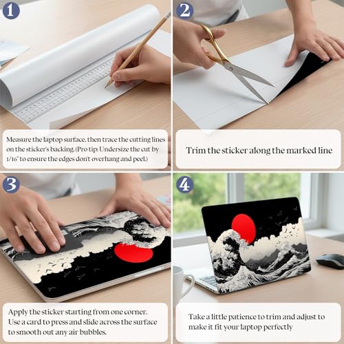 Universal Laptop Skin Sticker Decal,15.6 Inch Laptop Vinyl Cover for 13" 14" 15.6" Laptop,Scratch-Resistant Waterproof Protector Wrap,Reusable with Wrist Pads,Red Sun Great Wave - color: Red Sun Great Wave