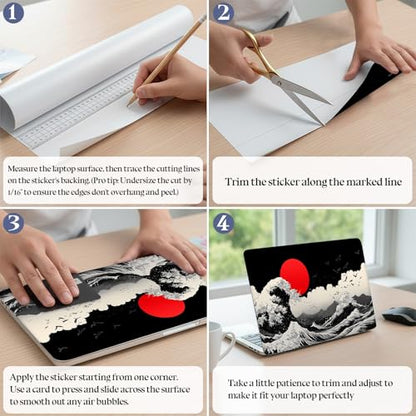 Universal Laptop Skin Sticker Decal,15.6 Inch Laptop Vinyl Cover for 13" 14" 15.6" Laptop,Scratch-Resistant Waterproof Protector Wrap,Reusable with Wrist Pads,Red Sun Great Wave - color: Red Sun Great Wave