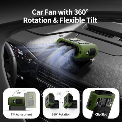 Socool Portable Car Fan - 14500mAh Rechargeable Battery Opearated, Clip on Car Seat Headrest 360 Rotatable, 5-Speed Backseat Fans for Baby Rear Facing Cooling with Dual Air Outlets for SUV RV Truck - color: Green