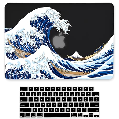 Case for MacBook Air 13-inch Laptop M5 M4 M3 M2 A3449 A3240 A3113 A2681 2026-2022 Release with Touch ID, 3D Effect Matte Black See Through Hard Cover&Keyboard Cover, Great Wave - color: Blue Black