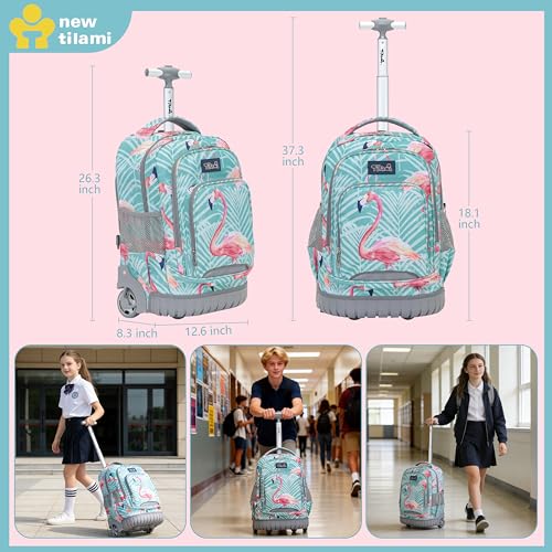 NEW TILAMI Rolling Backpack for Kids 18 Inch Wheeled Laptop Backpack Kids School Travel - color: Flamingo