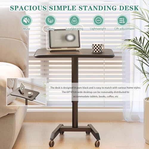 Height Adjustable Standing Table, Pneumatic Lift Laptop Desk, Movable Sofa Side Table with Wheels, Large Thick Steel Tube Computer Desk