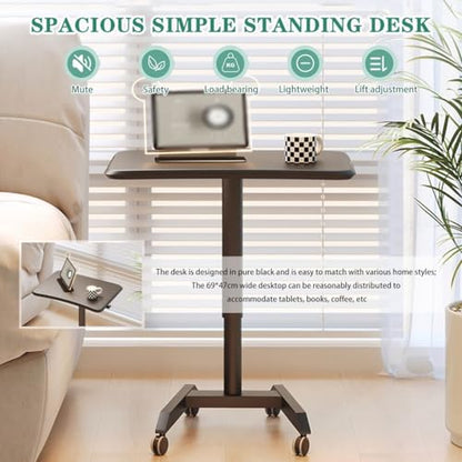 Height Adjustable Standing Table, Pneumatic Lift Laptop Desk, Movable Sofa Side Table with Wheels, Large Thick Steel Tube Computer Desk