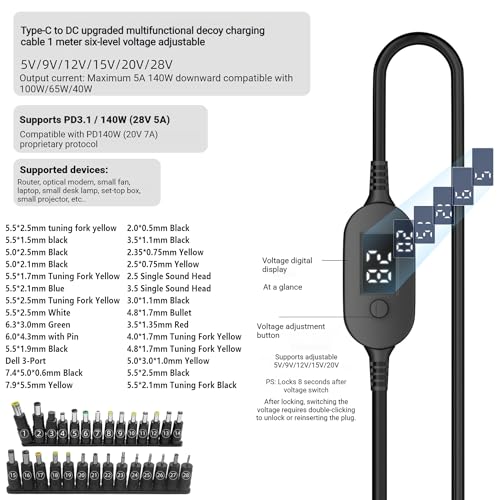 100W PD Power Charger USB-C to DC Adjustable PD Cable with Digital Display, 40 Inches, Black, Multiple Voltage Settings, Male to Male DC 5V 9V 12V 15V 20V Adapter Cable (Default +28-in-2 DC Tip) - style: Default +28-in-2 DC Tip