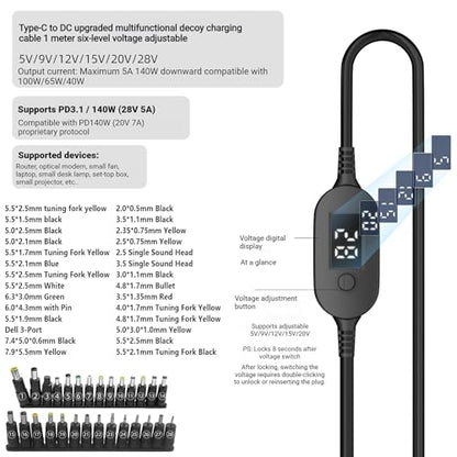 100W PD Power Charger USB-C to DC Adjustable PD Cable with Digital Display, 40 Inches, Black, Multiple Voltage Settings, Male to Male DC 5V 9V 12V 15V 20V Adapter Cable (Default +28-in-2 DC Tip) - style: Default +28-in-2 DC Tip
