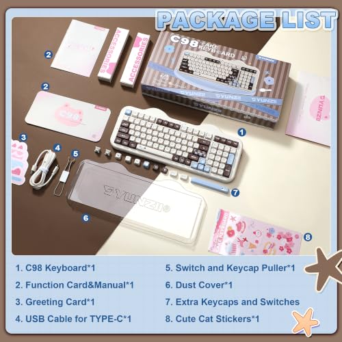 YUNZII C98 Wireless Mechanical Keyboard with Number Pad,98 Key BT5.0/2.4G/USB-C Hot Swap Gasket Mount with PBT MOA Keycaps,Custom RGB,Cute Cake Keyboard for Win/Mac (Choco, Milk V2 Linear Switch) - color: Choco, size: Milk V2 Linear Switch